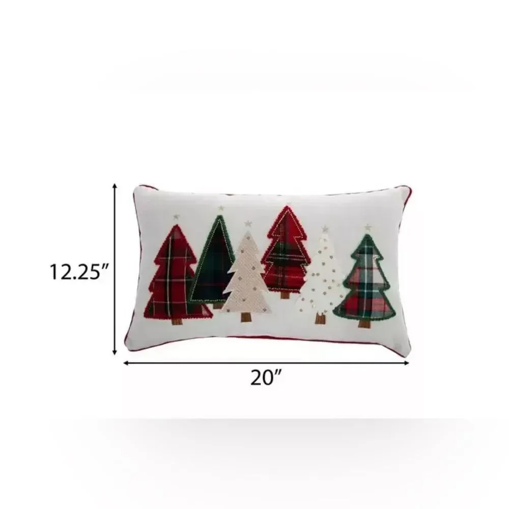 Plaid Christmas Trees Pillow Festive Holiday Pillow with Christmas Tree Design